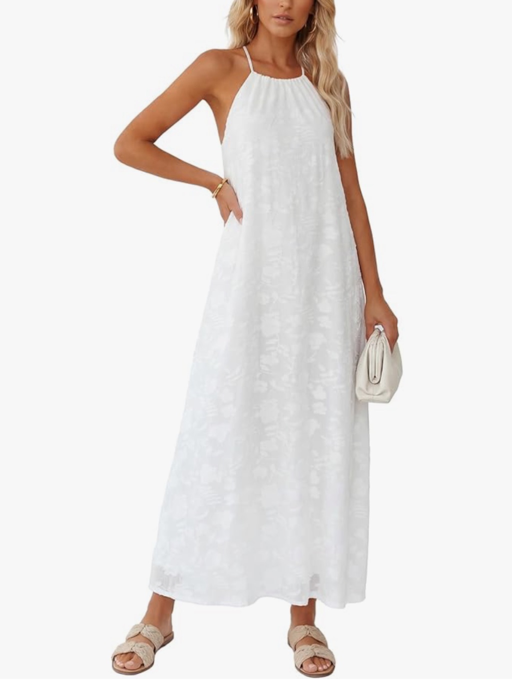 Sleeveless White Maxi Dress With Halter Neck